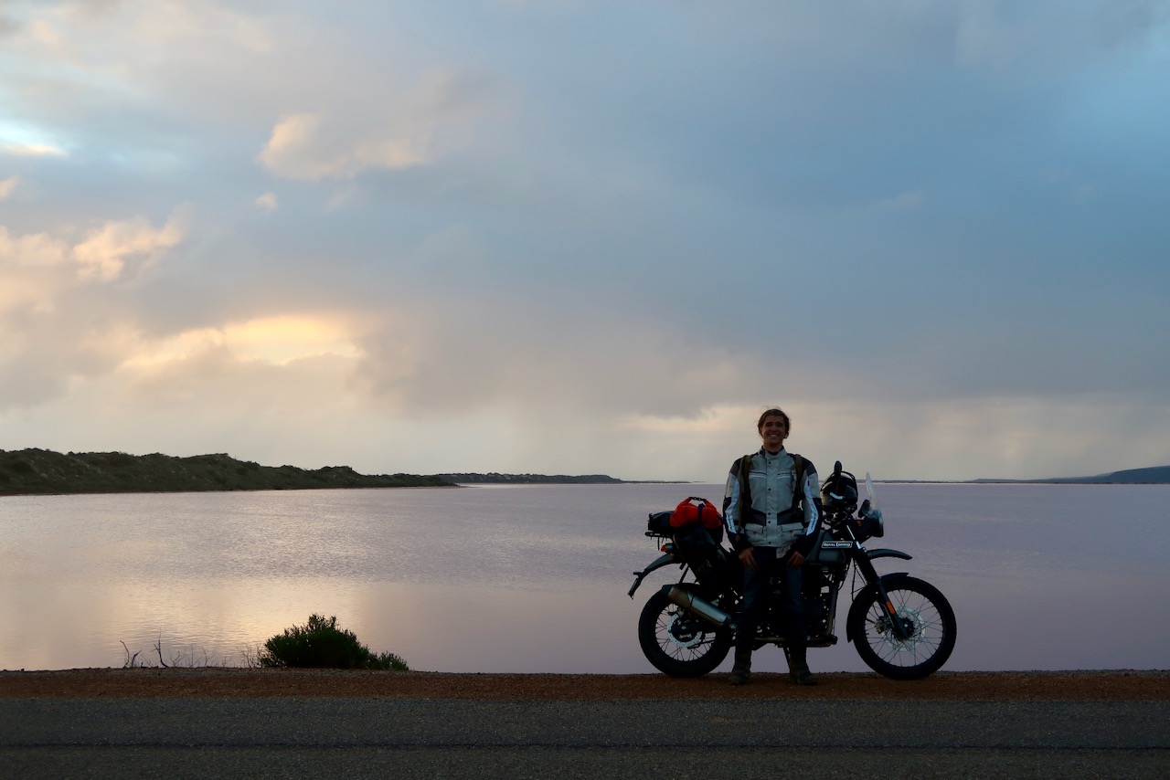 me, bike, and pink lake